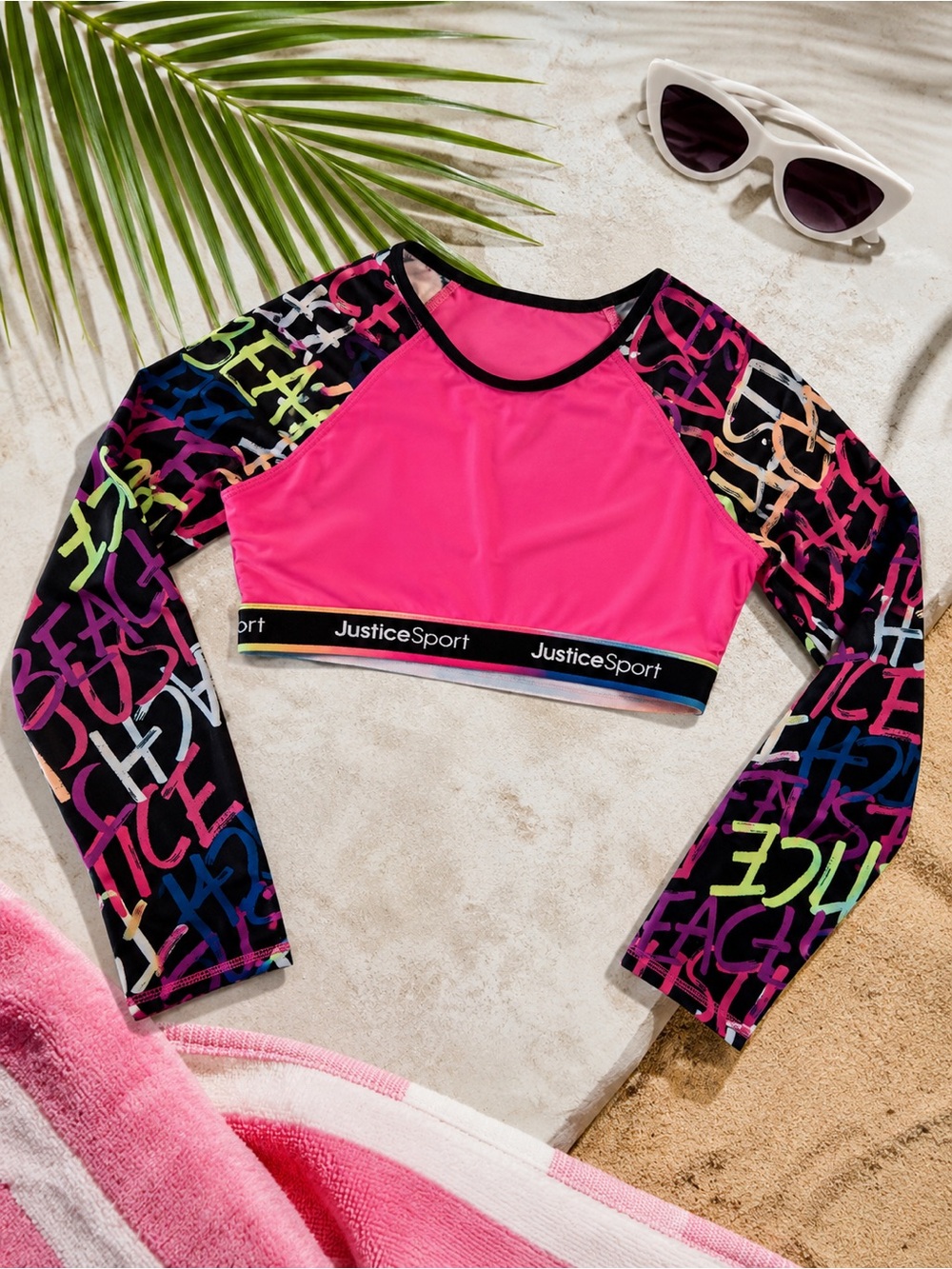 Justice Sport Girls Long Sleeve Cropped Swim Rash Guard / Active Top L